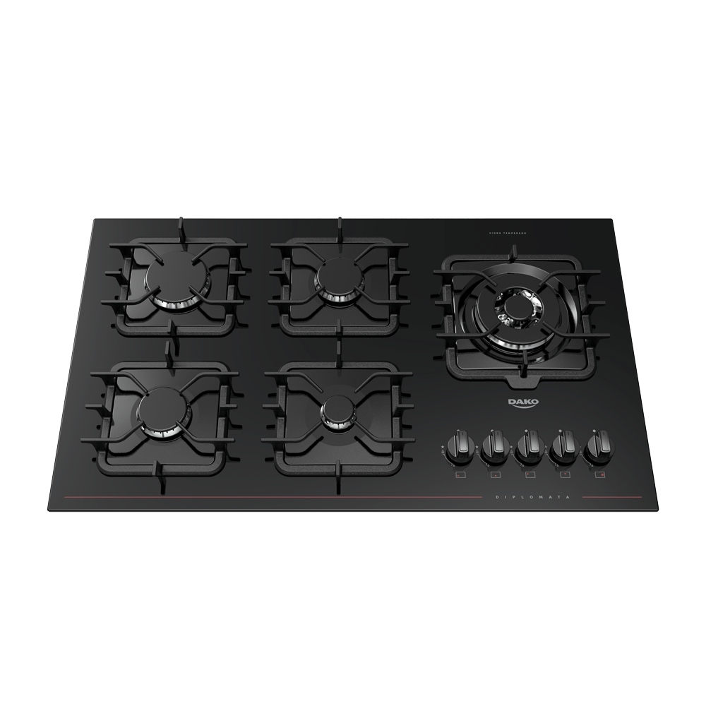 Cooktop a Gás 5 Bocas Preto com Mesa de Vidro e Tripla Chama Dako Diplomata Bivolt